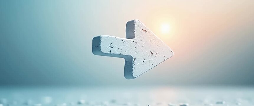 White arrow pointer symbol floating in misty blue winter landscape with sunlight