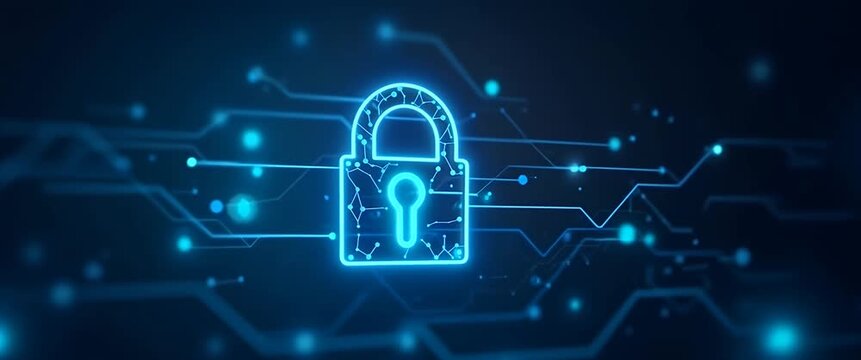 Digital padlock with keyhole glowing neon blue on circuit board network with data nodes and connections