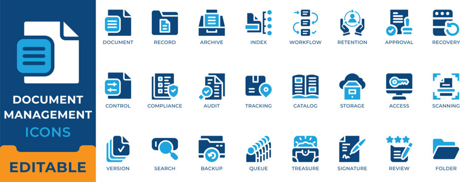 Document Management Solid Icon Set. Vector Symbols including Archive Workflow Audit Compliance and Storage for web and app.