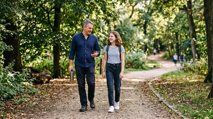 Fototapeta premium Father and teenage daughter walking and talking on a dirt path in a sunlit forest during autumn