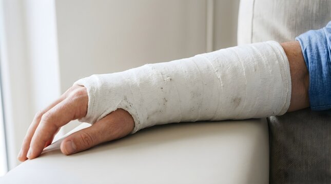 Close Up of Human Arm with White Orthopedic Plaster Cast, Broken Bone Recovery and Healthcare Medical Treatment Concept