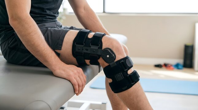 Close Up of Patient Leg Wearing Hinged Orthopedic Knee Brace, Joint Injury Rehabilitation and Physical Therapy Concept