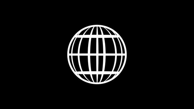 3d rotating wireframe globe with grid lines on black background, seamless loop animation