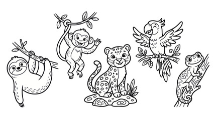 Tropical jungle animals coloring page with sloth monkey and leopard © cekcok