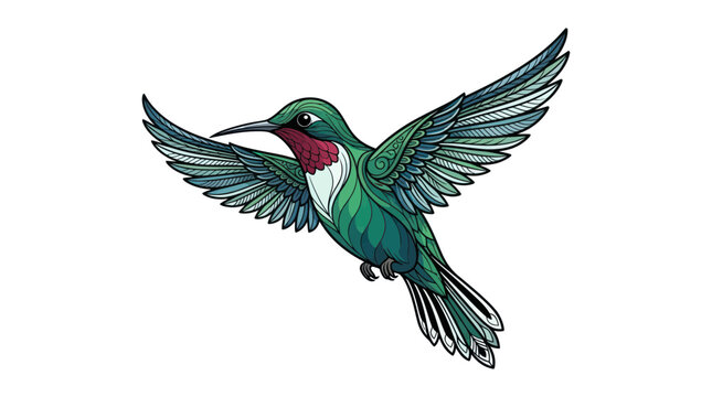 Decorative ruby throated hummingbird flying with spread wings