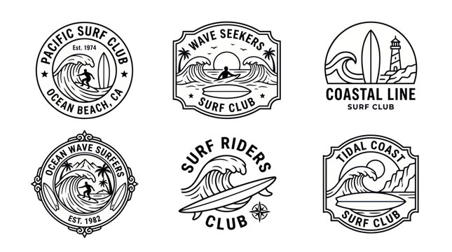 Retro surf club emblems with waves and surfboards set
