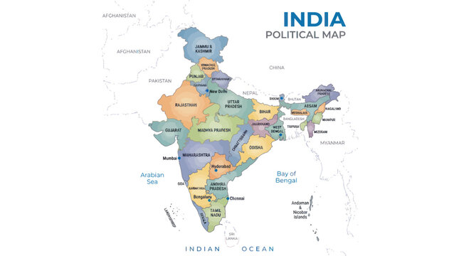 Political map of india with states and major cities