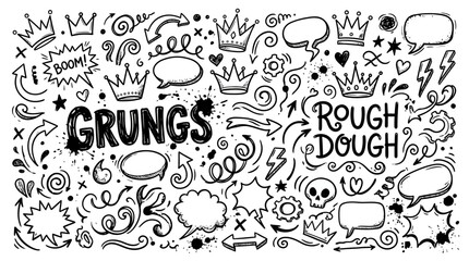 Fototapeta premium Grunge Doodle art collection hand drawn doodle elements speech bubbles and crowns 