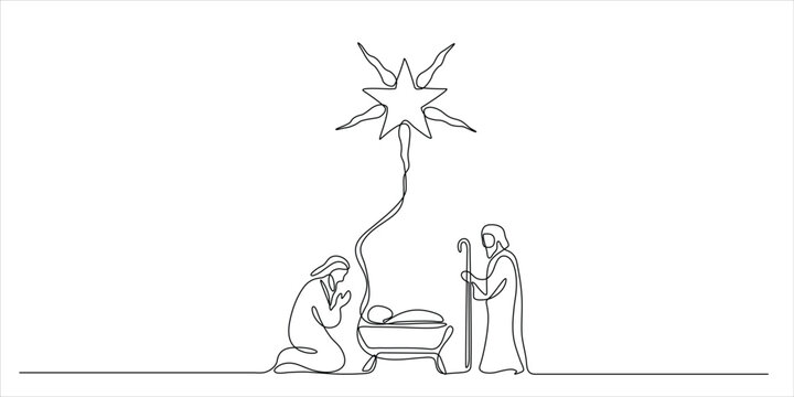 Minimalist continuous line art vector illustration of nativity scene with baby Jesus Mary Joseph and Bethlehem star concept