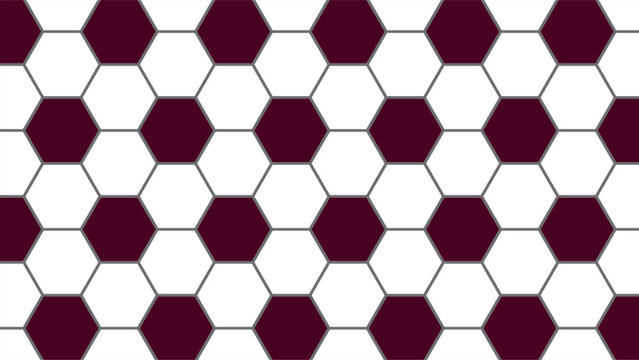 Soccer ball seamless pattern. Repeating black football print isolated on a white background. Repeated dark red hexagon texture for sports print design. Abstract balls repeat wallpaper.