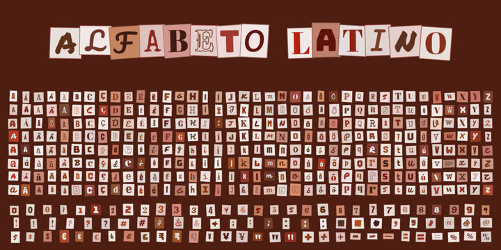 ALFABETO LATINO estilo recorte de jornal, conjunto de letras e numeros para design tipografico criativo e colagens vintage