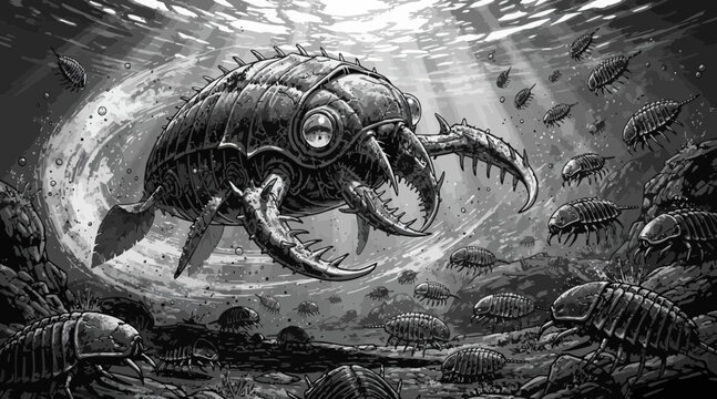Giant prehistoric sea creature, ancient underwater life, dark fantasy illustration