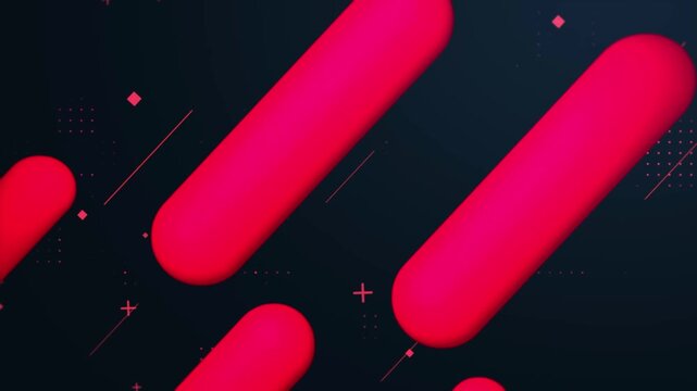 Abstract pink capsule shapes moving diagonally with geometric cross elements for futuristic technology concept vfx corporate branding video backdrop loop asset on dark background