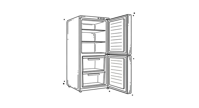 Open double door refrigerator with empty shelves and drawers.