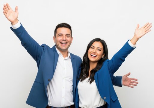 Happy man and woman celebrating with arms raised