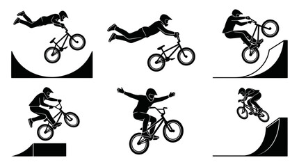 Naklejka premium Extreme bmx riders performing stunts and jumps on skatepark ramps