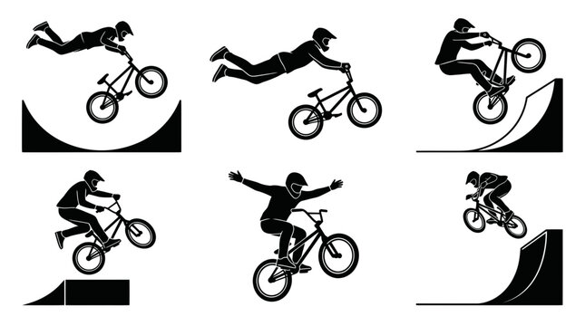 Extreme bmx riders performing stunts and jumps on skatepark ramps