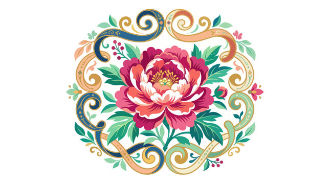 Elegant pink peony flower with ornamental golden and blue scrolls