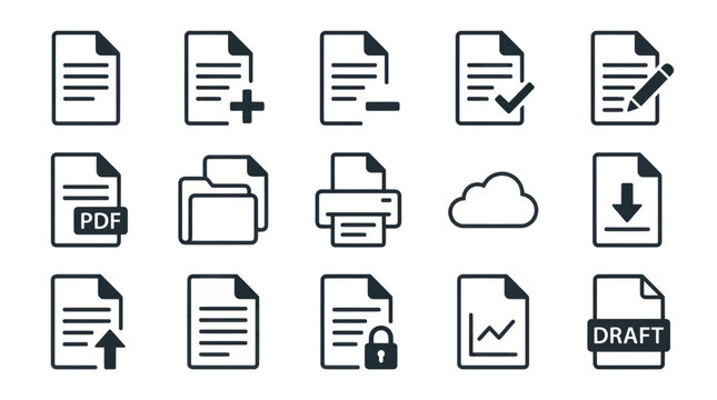 Minimalist document and file management line icons for interface design