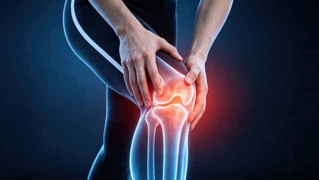 Woman holding her knee in pain with glowing X-ray overlay revealing bone structure and joint inflammation, illustrating medical concept of arthritis, injury