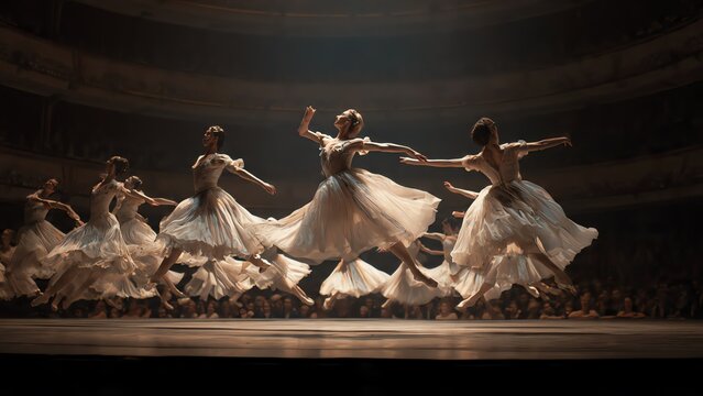Elegant ballet dancers performing on stage in a grand theater