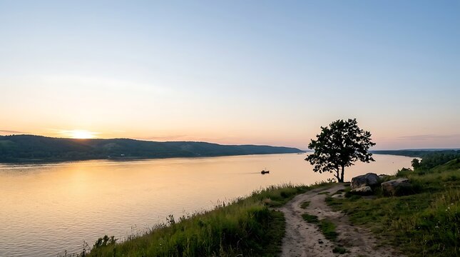 Scenic sunset over a wide river with a lone tree on the bank
