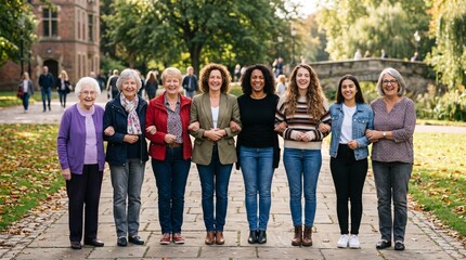 Obraz premium Diverse group of women of different ages and ethnicities walking together arm in arm in a park
