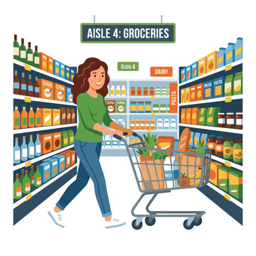Happy woman pushing shopping cart filled with fresh groceries in supermarket aisle. Female character buying food, milk, bread and vegetables in store. Flat vector illustration.