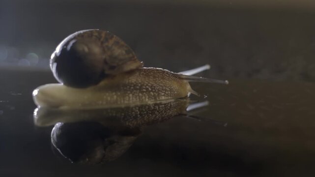 Snail glides slowly across dark reflective surface. Its shell and body are clearly visible. Reflection mirrors its every movement precisely. Slow motion captures subtle, graceful motion