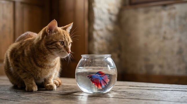 Ginger cat looking curiously at a colorful betta fish in a bowl