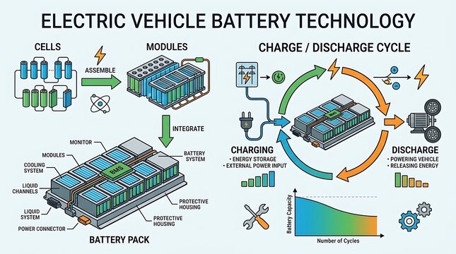Electric vehicle battery technology assembly and cycle infographic