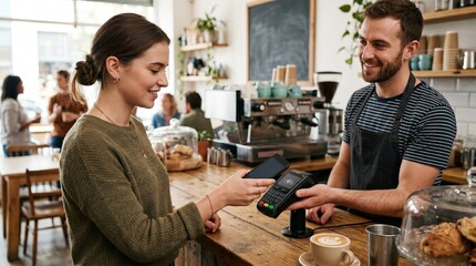 Fototapeta premium Customer pays with smartphone using contactless payment at a coffee shop counter with barista