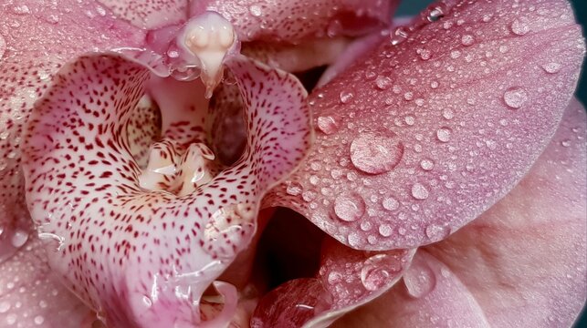 sensual orchid flower with flowing water in dreamy macro composition