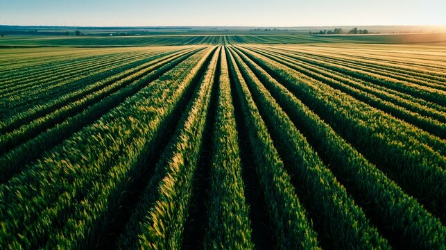 aerial drone view of precision agriculture crop rows at sunrise