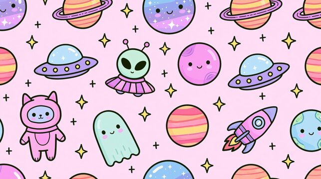 kawaii space seamless pattern with pastel planets rockets and aliens