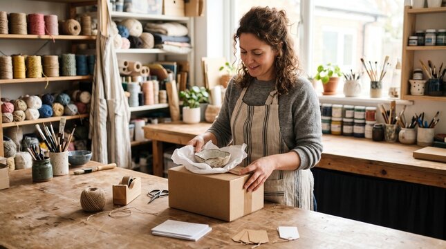 Artisan carefully packaging a handmade ceramic bowl for shipping in her studio