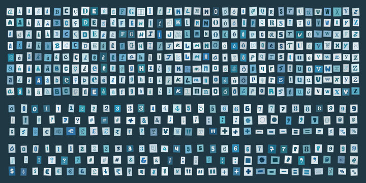 Alfabeto de letras de recorte estilo carta de resgate, conjunto de caracteres tipograficos variados para design grafico e colagens criativas