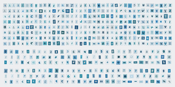 Alfabeto de letras e numeros estilo recorte de jornal azul para design criativo e colagens tipograficas personalizadas