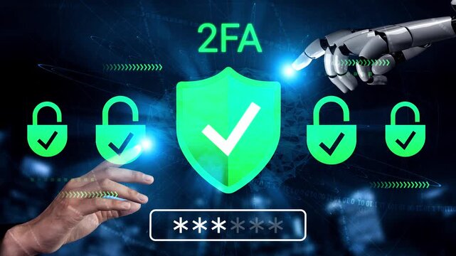 Advanced Two-Factor Authentication Concept with Human and Robot Interacting, Security Shields, and Visual Graphics Representing Cyber Protection Gluon.