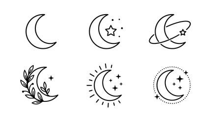 Crescent moon icon set with stars and floral celestial elements © cicik