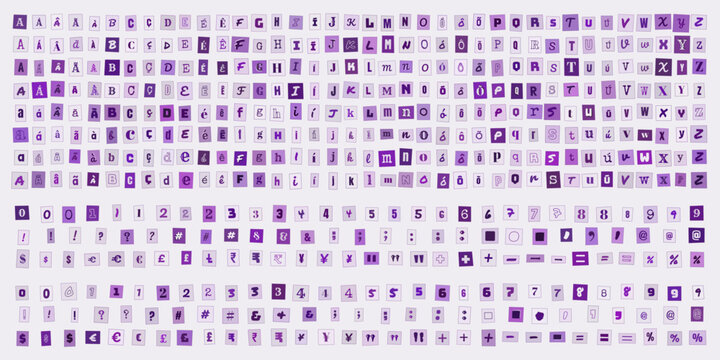 Alfabeto de letras e numeros estilo recorte de revista, conjunto de caracteres tipograficos roxos para design criativo e colagens digitais