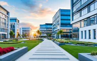 Fototapeta premium Modern office campus during sunset with green spaces and clear skies showcasing contemporary architecture