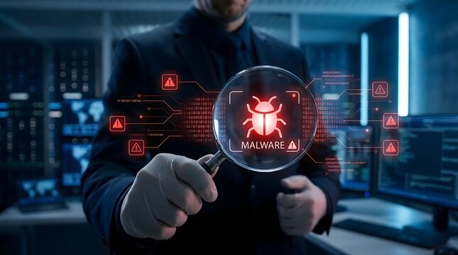 Cybersecurity expert examines digital malware threat with magnifying glass, highlighting danger signs in a secure server room environment.