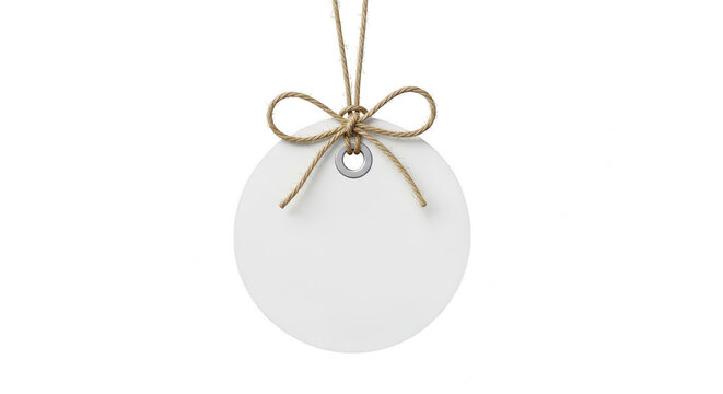 Blank round paper tag with rustic twine bow isolated on transparent background