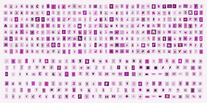 Alfabeto e numeros estilo carta de resgate roxo, conjunto de letras recortadas para design grafico, colagem tipografica criativa