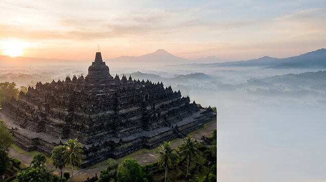 Sunrise over ancient buddhist temple surrounded by morning mist