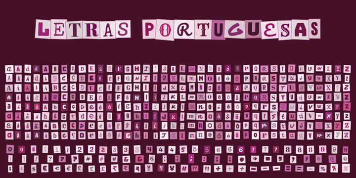 Letras Portuguesas, alfabeto completo com acentos e numeros estilo recorte de jornal para design grafico, colagem e tipografia criativa
