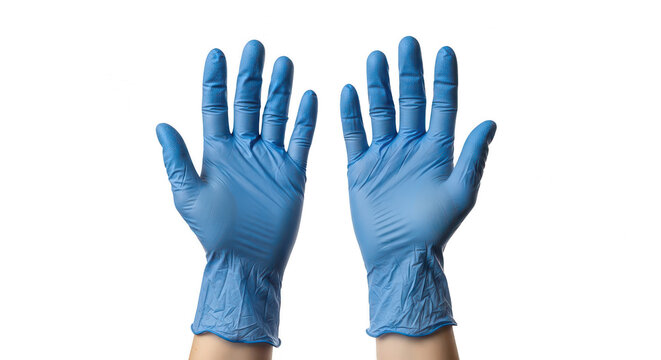 Pair of blue nitrile medical gloves on hands isolated on transparent background