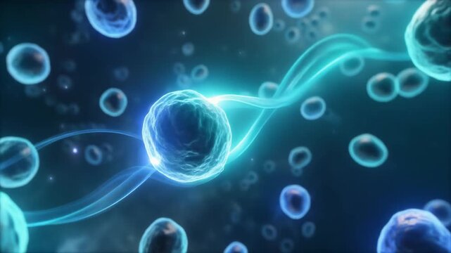 Glowing mitochondria network with smooth energy flow, perfect for biotechnology, healthcare communication, science education, and innovation-focused media.
