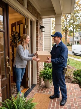 Delivery person hands a package to a happy woman at her front door on a pleasant autumn day